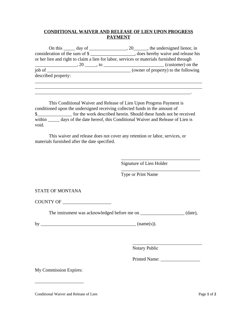 Conditional Waiver and Release of Lien Upon Progress Payment Montana  Form
