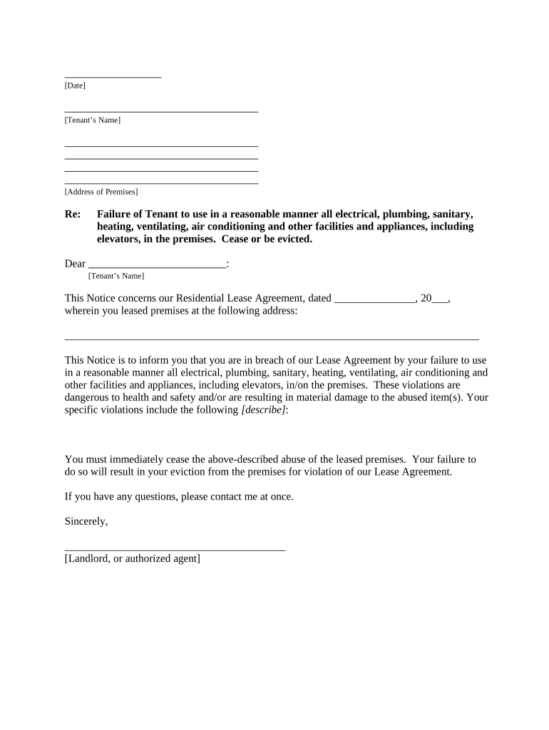 Letter from Landlord to Tenant for Failure to Use Electrical, Plumbing, Sanitary, Heating, Ventilating, Air Conditioning and Oth  Form