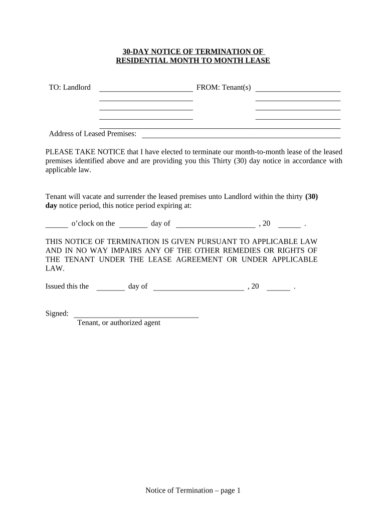 30 Day Notice to Terminate Month to Month Lease for Residential from Tenant to Landlord Montana  Form