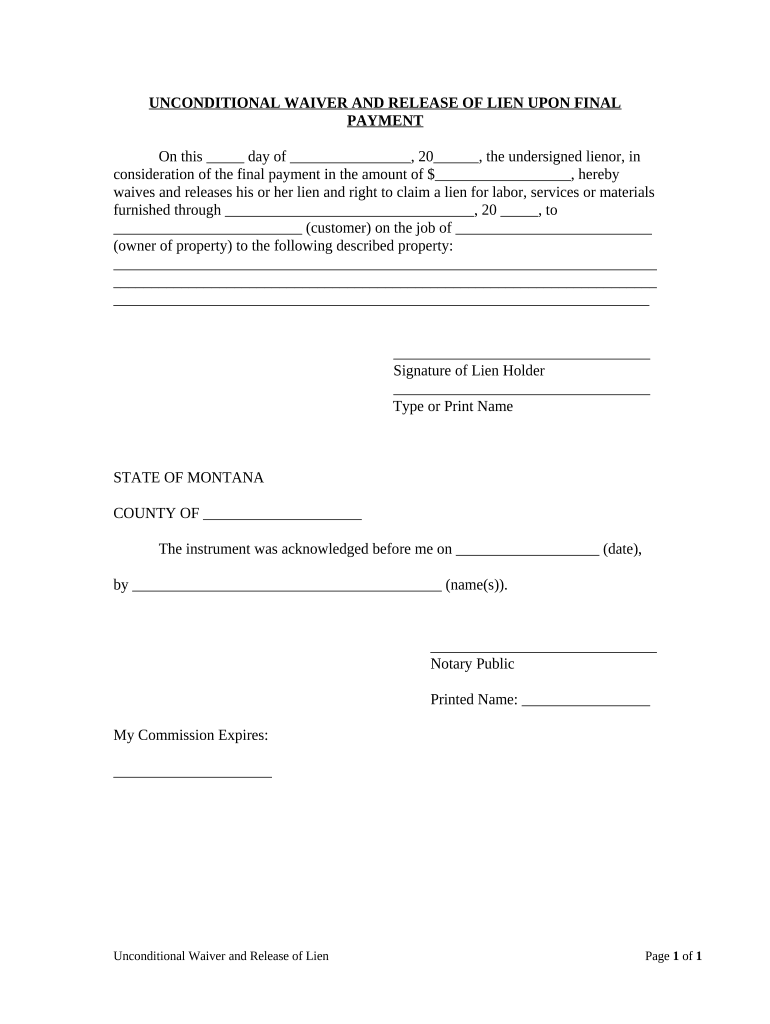 Unconditional Waiver and Release of Lien Upon Final Payment Montana  Form