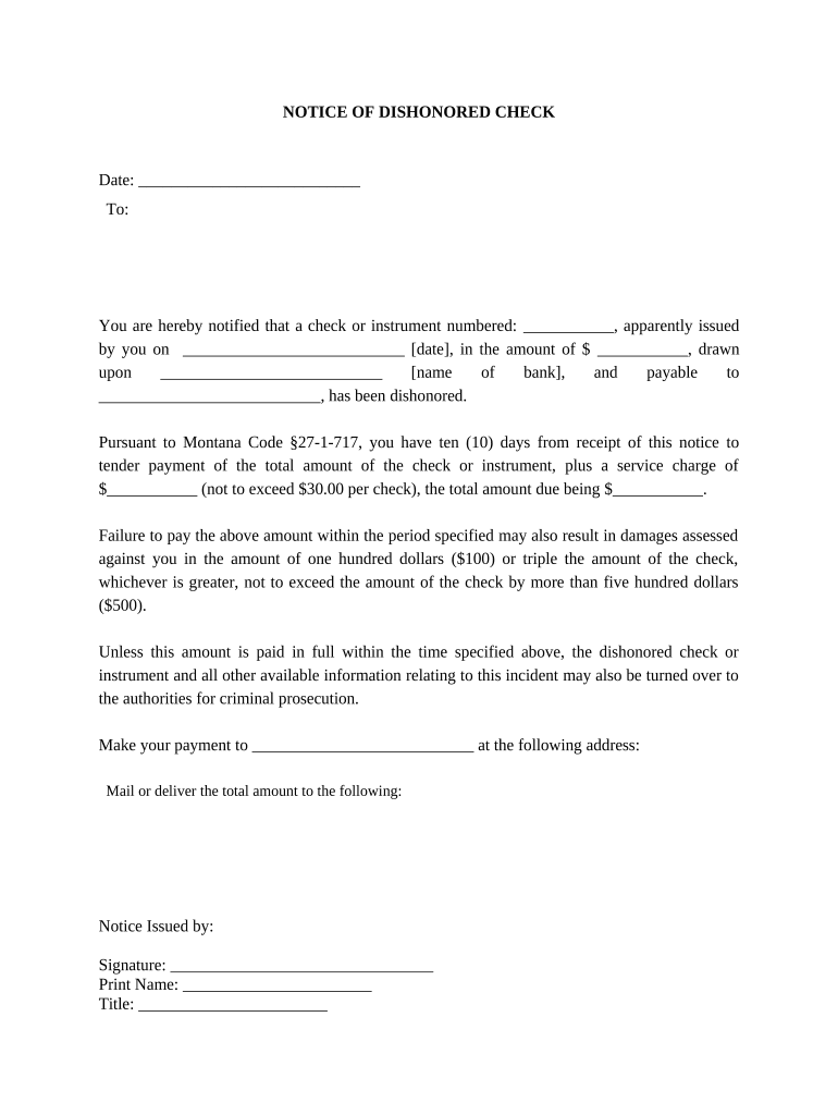 Notice of Dishonored Check Civil Keywords Bad Check, Bounced Check Montana  Form