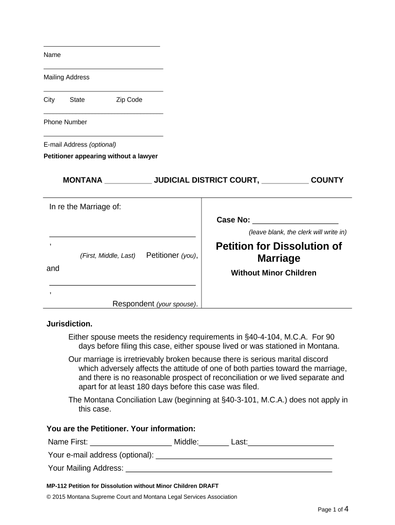 Petition for Dissolution of Marriage No Children Montana  Form