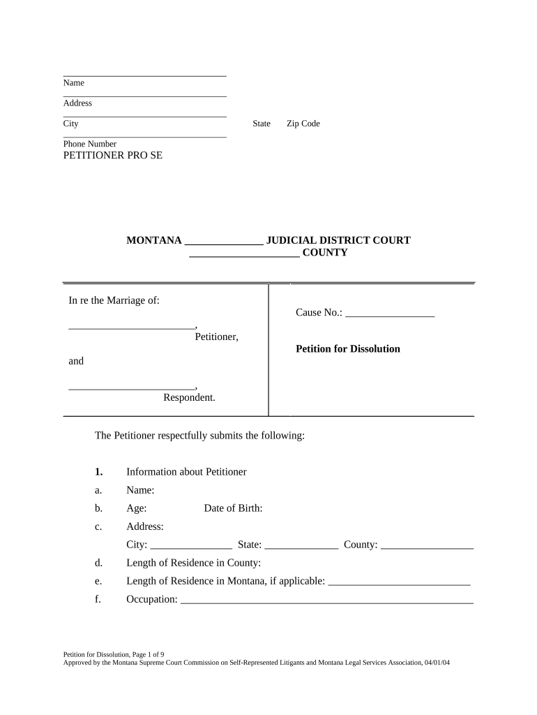 Montana Dissolution Marriage  Form
