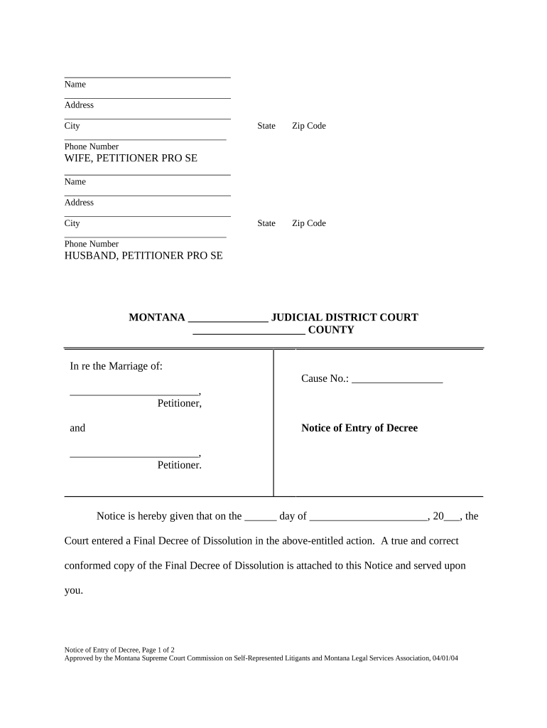 Notice of Entry of Decree Montana  Form