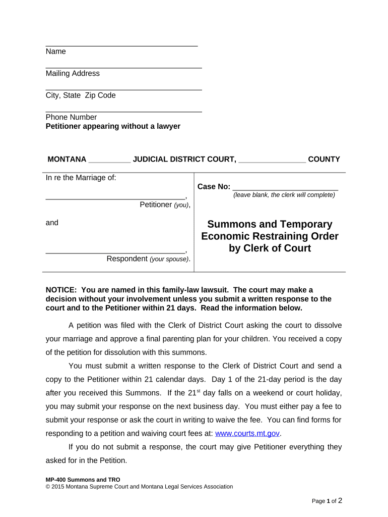 Montana Restraining Order  Form