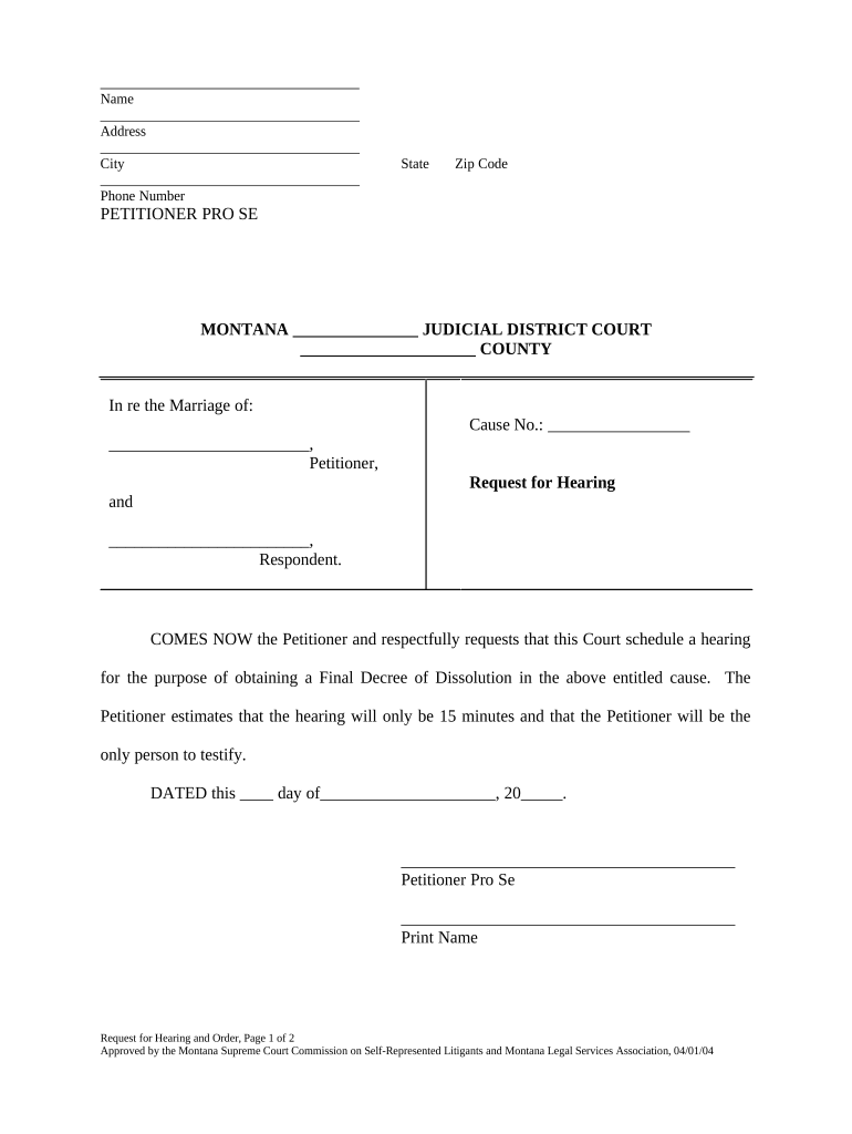 Request for Hearing and Order Montana  Form