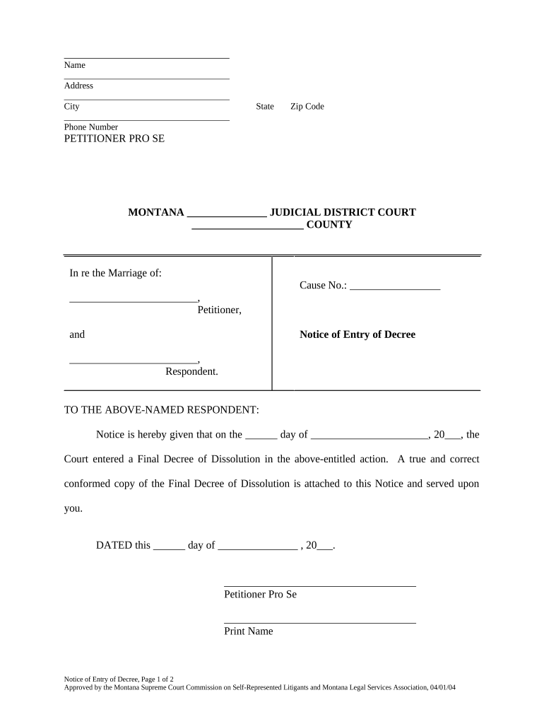 Notice of Entry of Decree Montana  Form