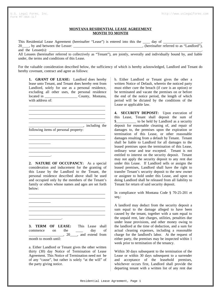 Residential Lease or Rental Agreement for Month to Month Montana  Form