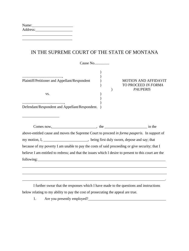 Motion and Affidavit to Proceed in Forma Pauperis Montana