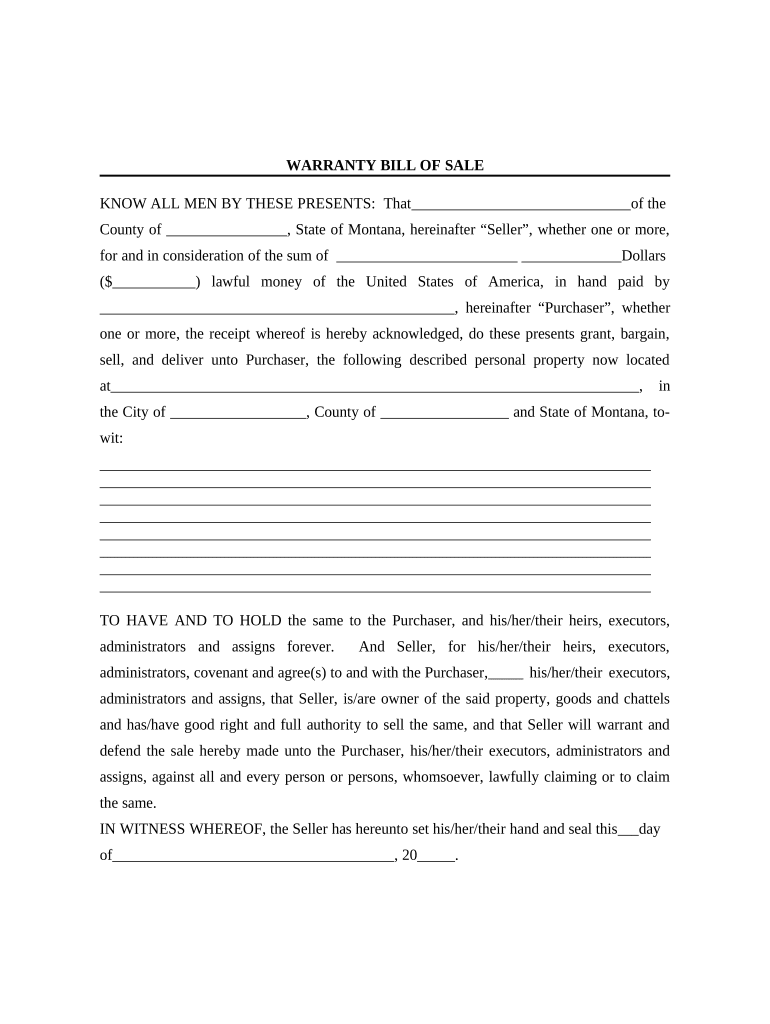 Bill of Sale with Warranty by Individual Seller Montana  Form