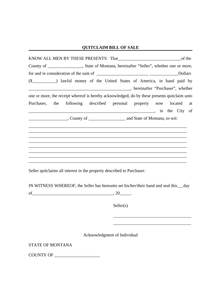 Bill of Sale Without Warranty by Individual Seller Montana  Form