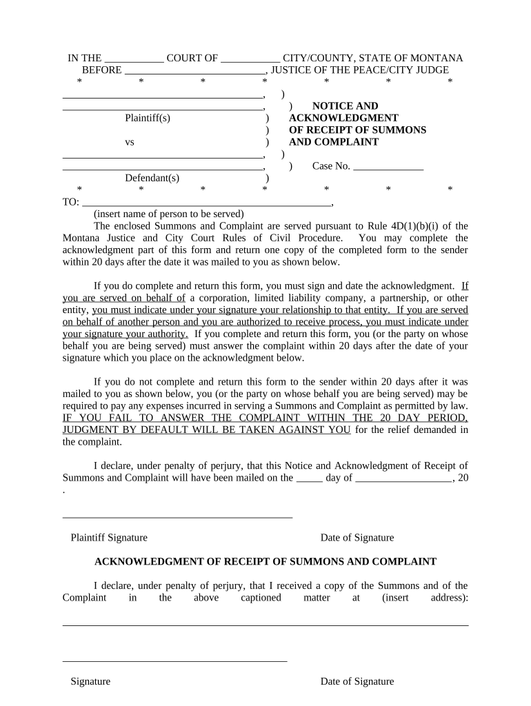 Notice and Acknowledgment of Receipt of Summons and Complaint Montana  Form