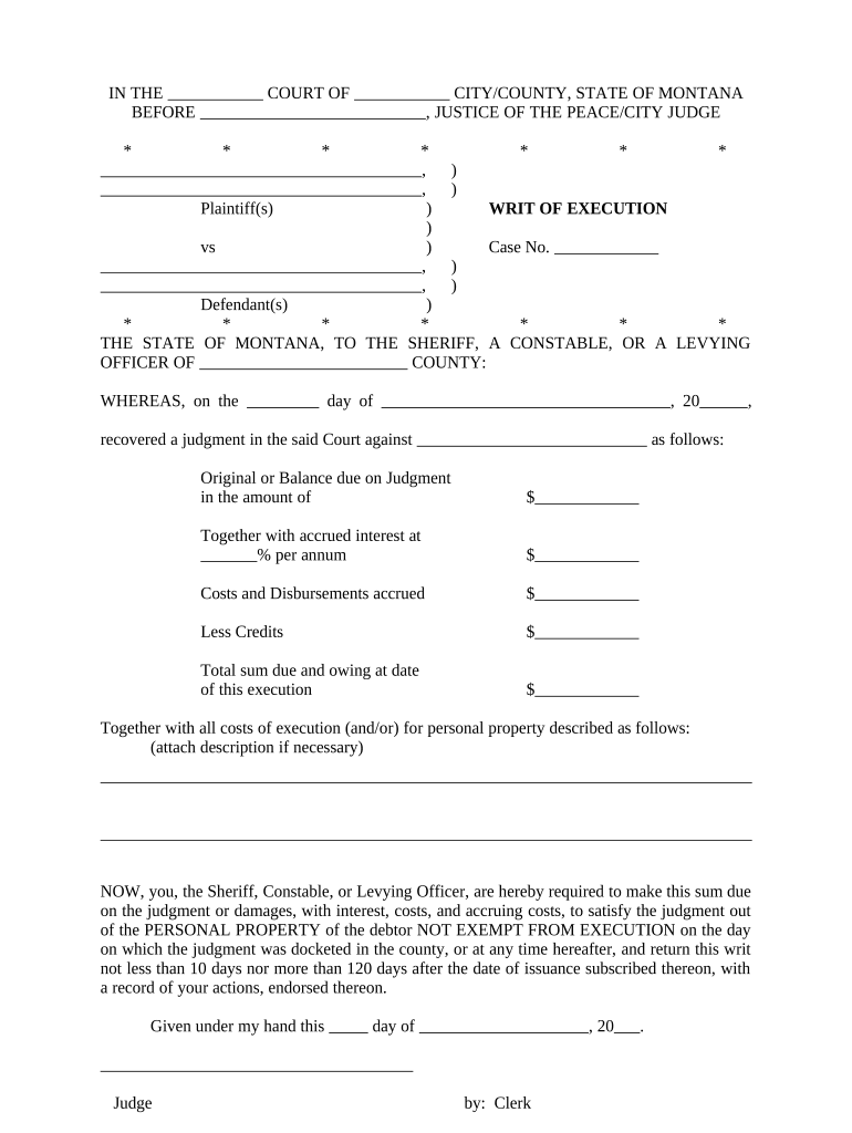 Montana Writ Execution  Form