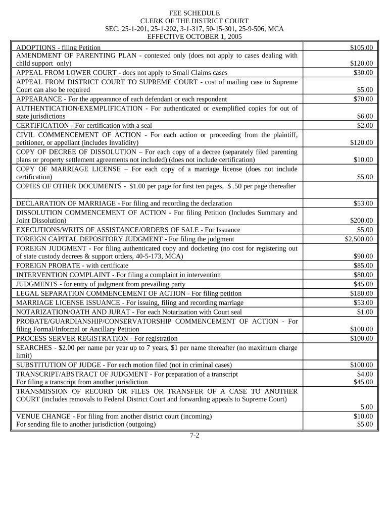 Montana District Court Fee Schedule  Form