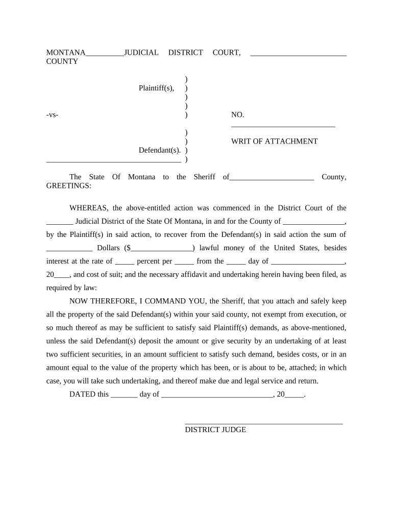 Writ of Attachment Montana  Form