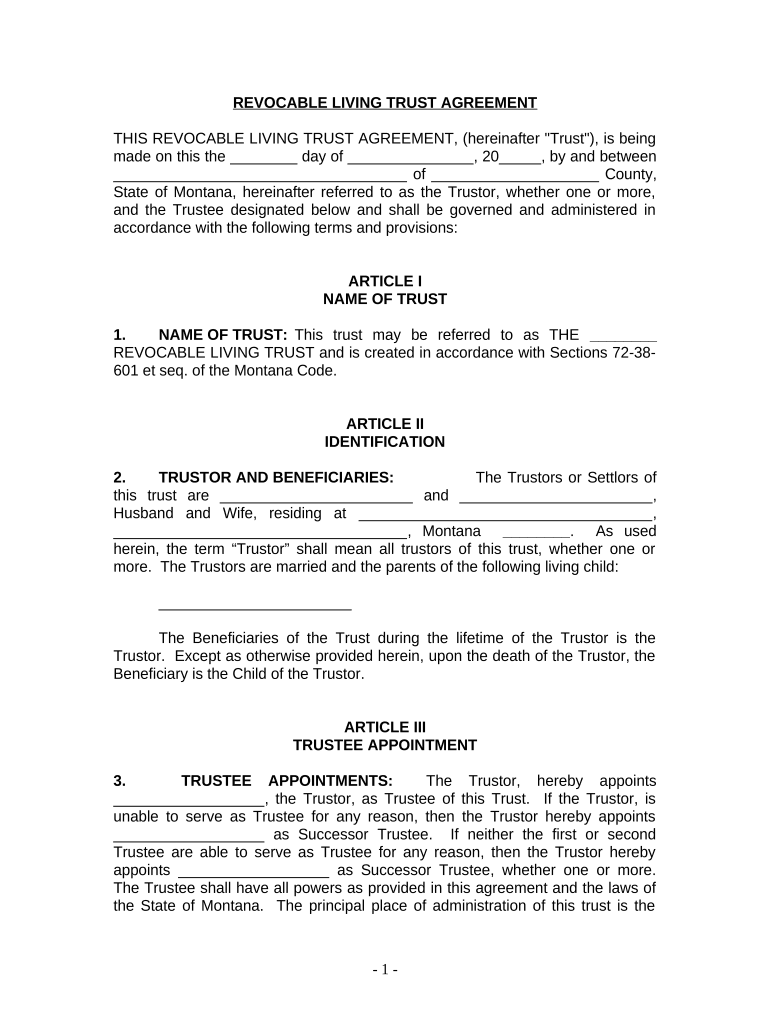 Living Trust for Husband and Wife with One Child Montana  Form