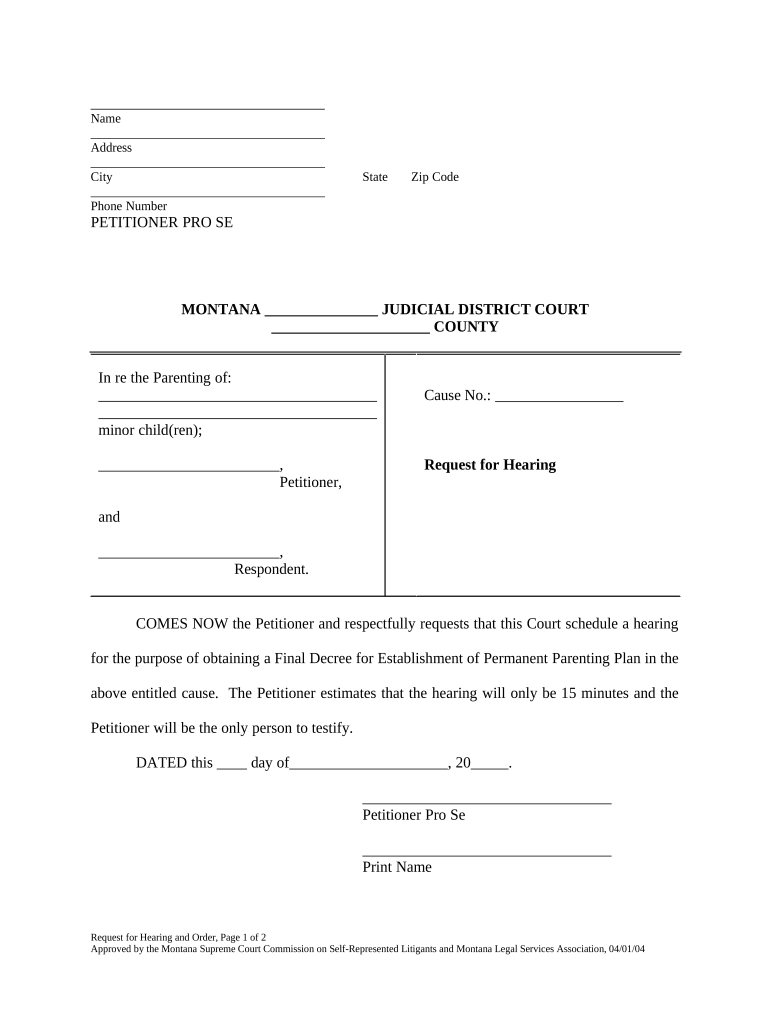 Request for Hearing Montana  Form