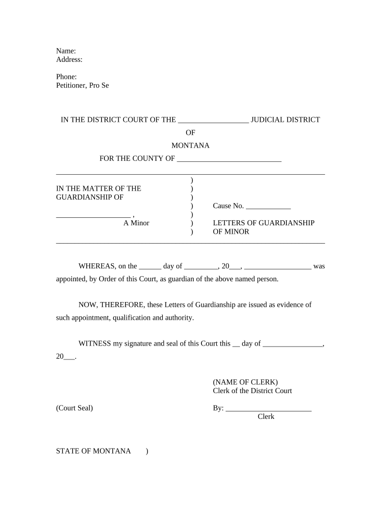 Letters of Guardianship of Minor Montana  Form