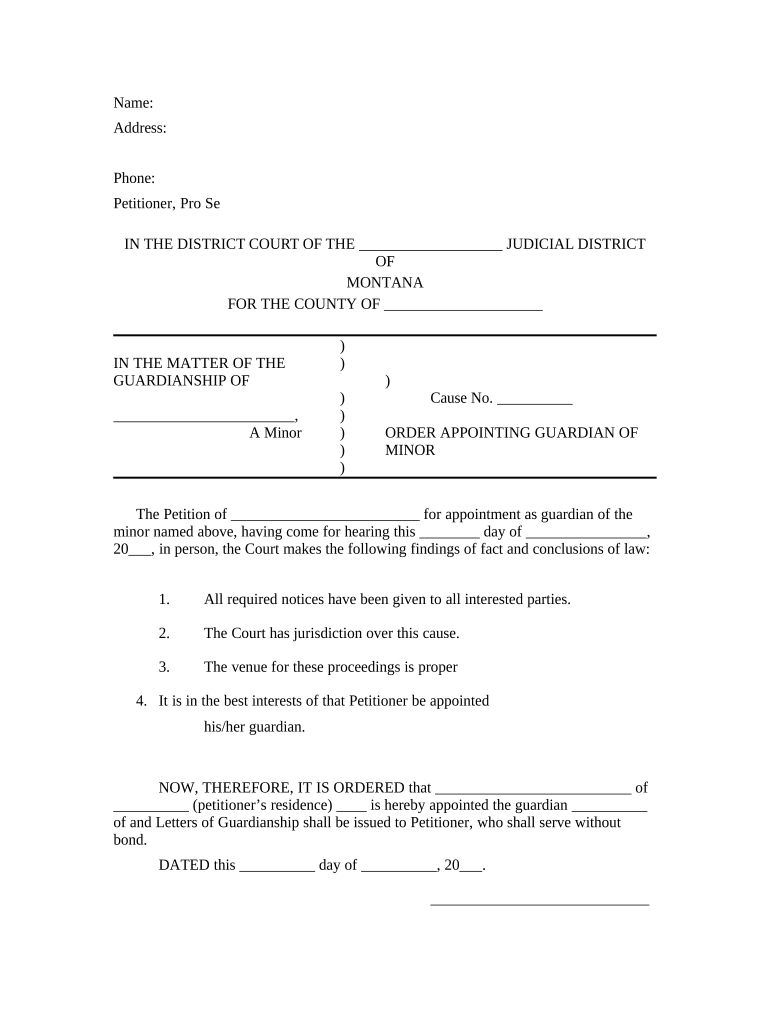 Order Appointing Guardian of Minor Montana  Form