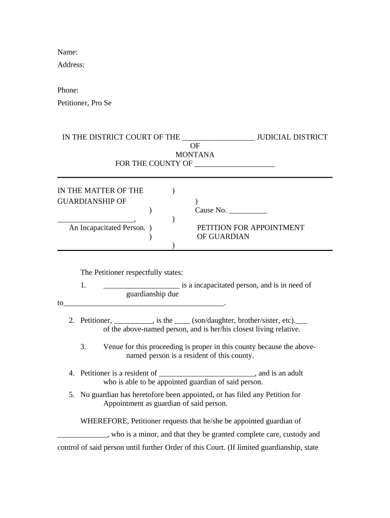 Petition for Appointment of Guardian Montana  Form