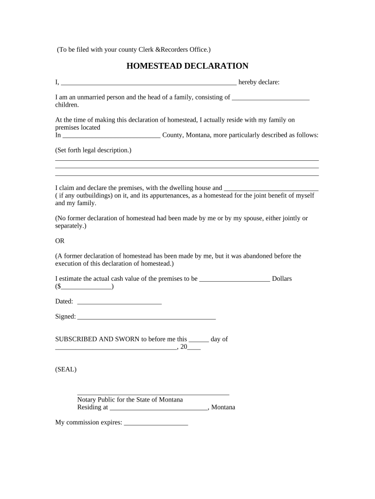 Unmarried Head of Household Homestead Declaration Montana  Form