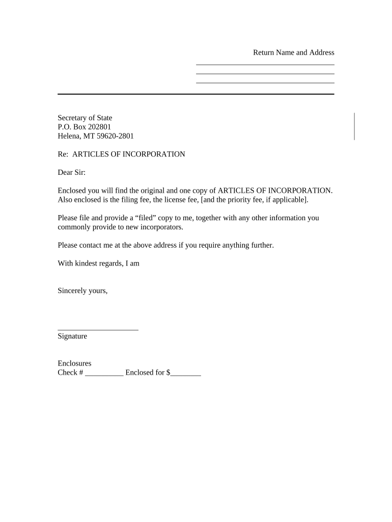 Sample Transmittal Letter to Secretary of State's Office to File Articles of Incorporation Montana Montana  Form