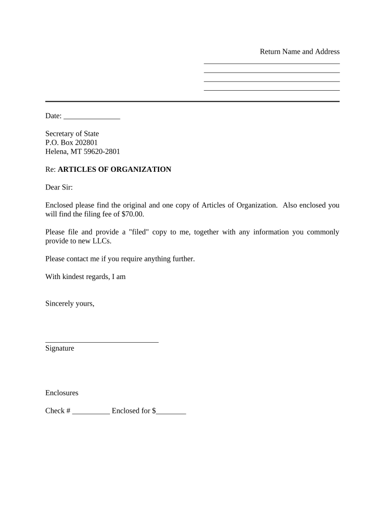 Sample Cover Letter for Filing of LLC Articles or Certificate with Secretary of State Montana  Form