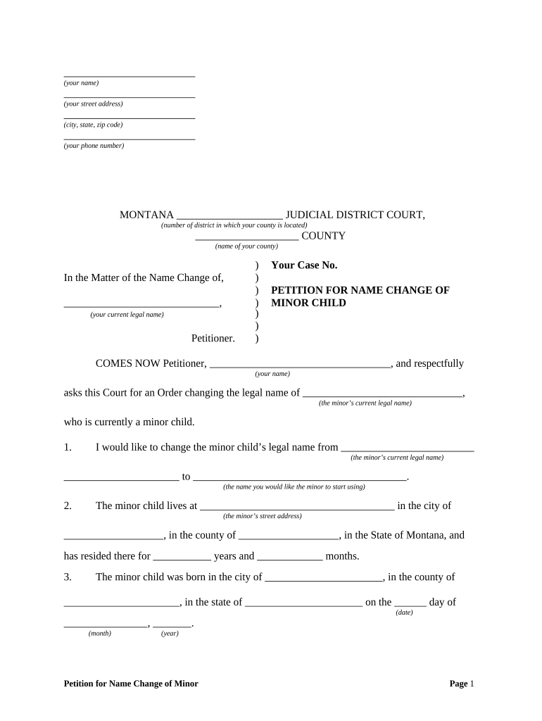 Petition for Name Change of Minor Child Montana  Form
