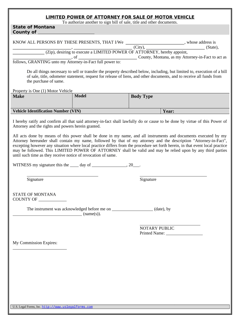 Power of Attorney for Sale of Motor Vehicle Montana  Form