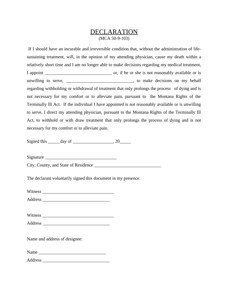 Statutory Equivalent of Living Will or Declaration Montana  Form