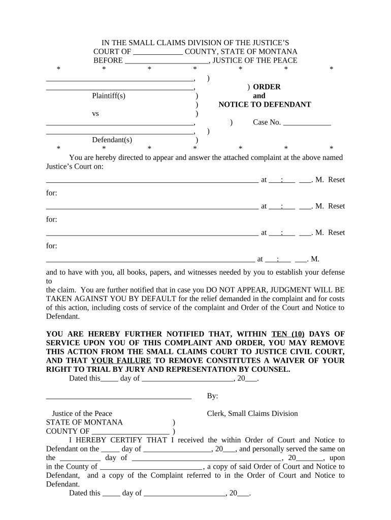 Order and Notice to Defendant Montana  Form