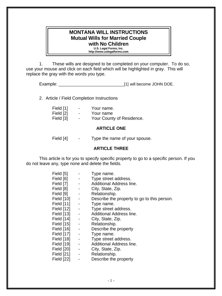 Mutual Wills Package with Last Wills and Testaments for Married Couple with No Children Montana  Form