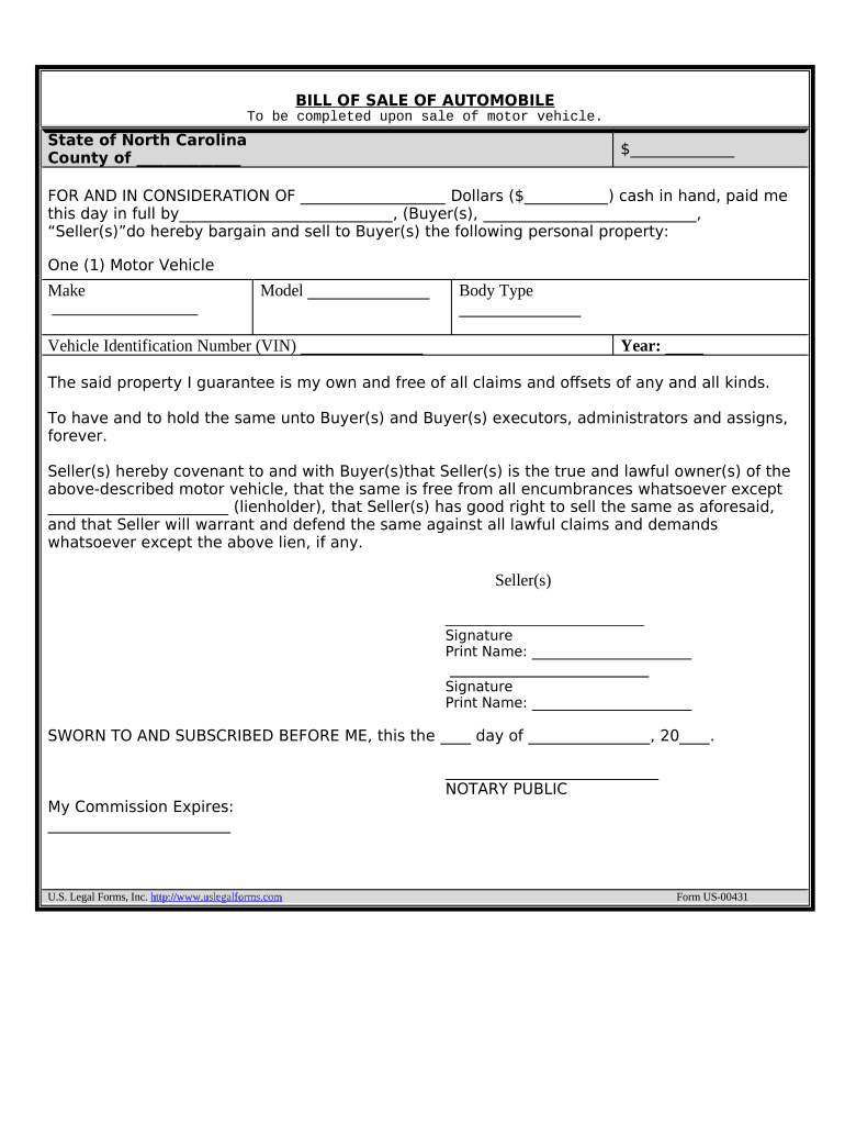 Bill of Sale of Automobile and Odometer Statement North Carolina  Form