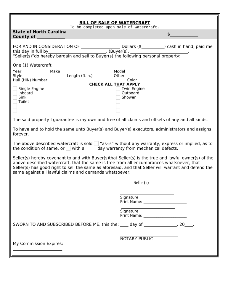 Bill of Sale for WaterCraft or Boat North Carolina  Form