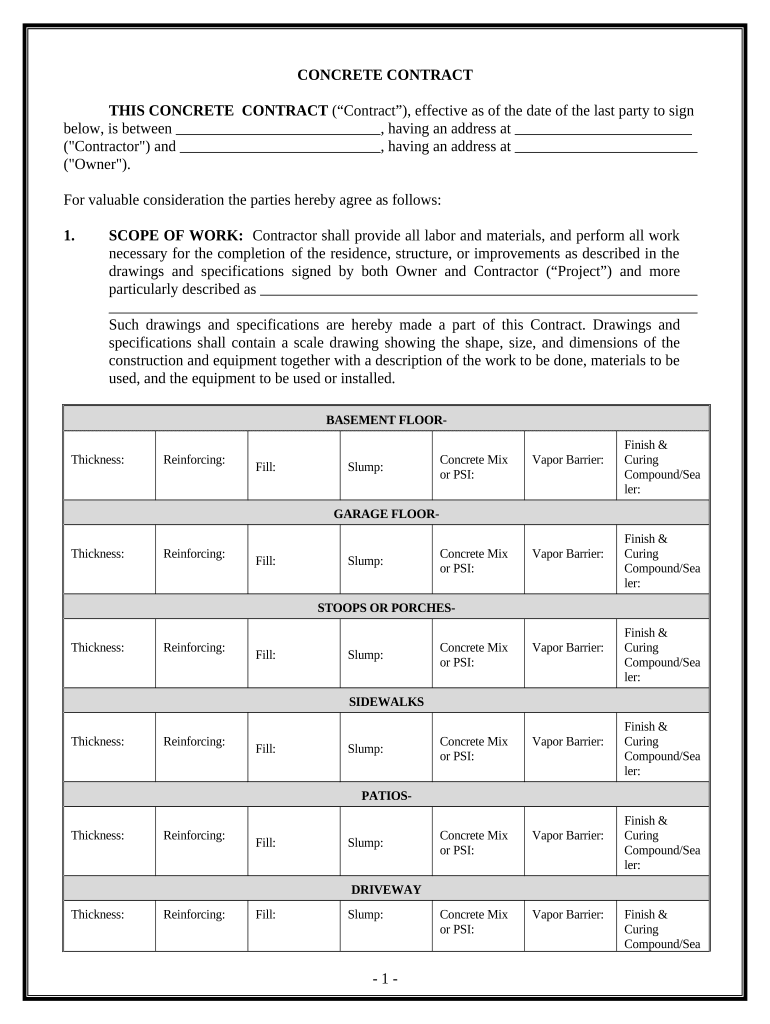 Concrete Mason Contract for Contractor North Carolina  Form