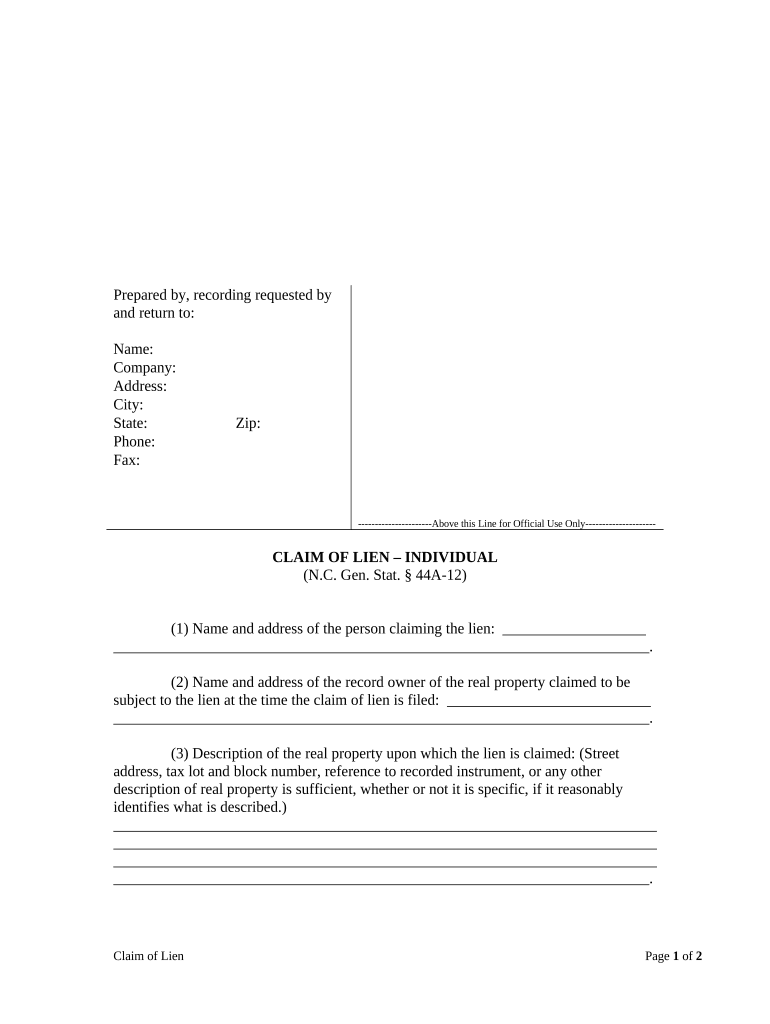 Claim of Lien by Individual North Carolina  Form