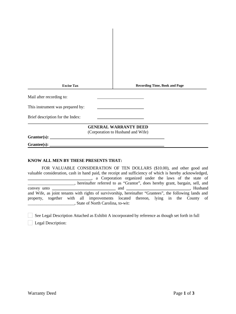 General Warranty Deed from Corporation to Husband and Wife North Carolina  Form