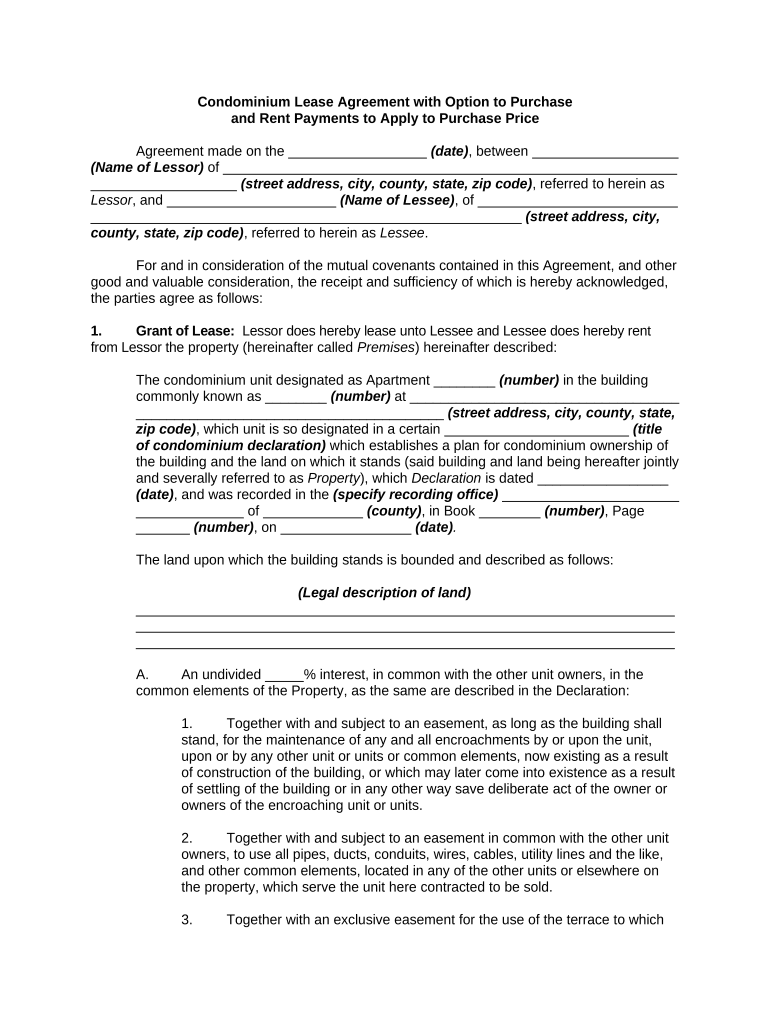 Condominium Lease Agreement with Option to Purchase and Rent Payments to Apply to Purchase Price Rent to Own Condo Rental North   Form