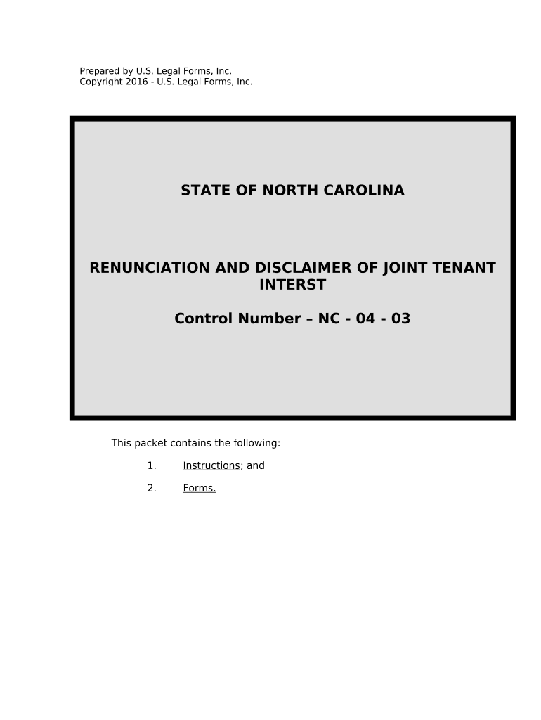 North Carolina Renunciation and Disclaimer of Joint Tenant or Tenancy Interest North Carolina  Form