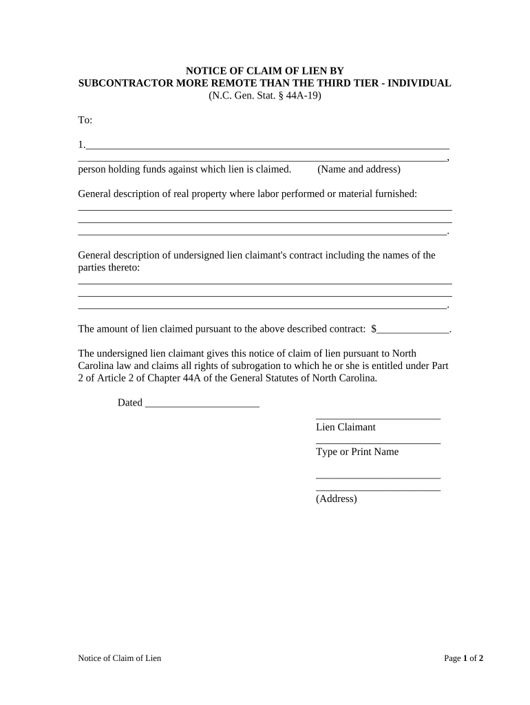 Notice of Claim More Remote Than 3rd Tier Individual North Carolina  Form