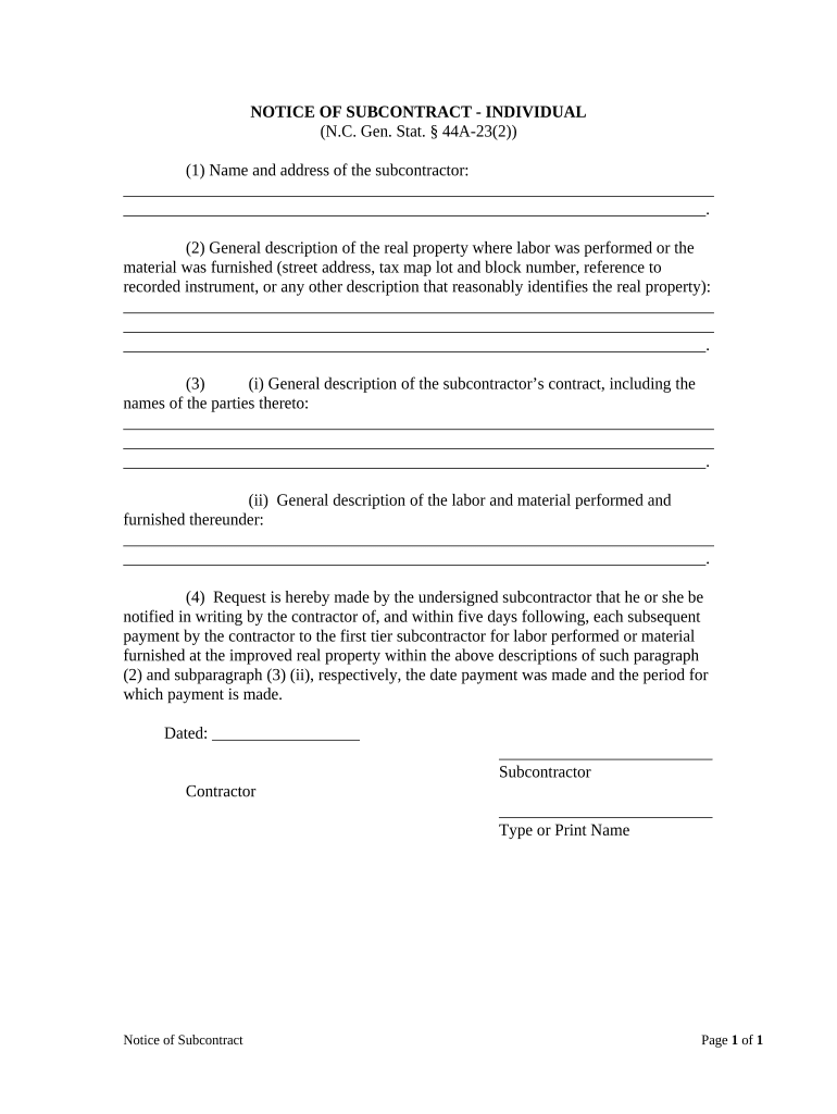 North Carolina Notice Subcontract  Form