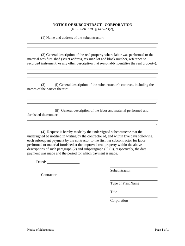 Notice Subcontract  Form