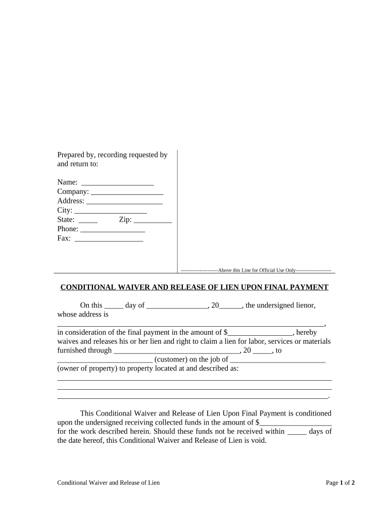 Conditional Waiver and Release of Lien Upon Final Payment North Carolina  Form