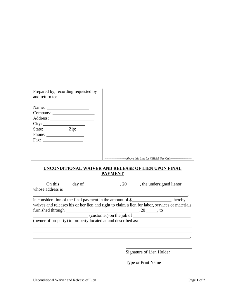 Unconditional Waiver and Release of Lien Upon Final Payment North Carolina  Form