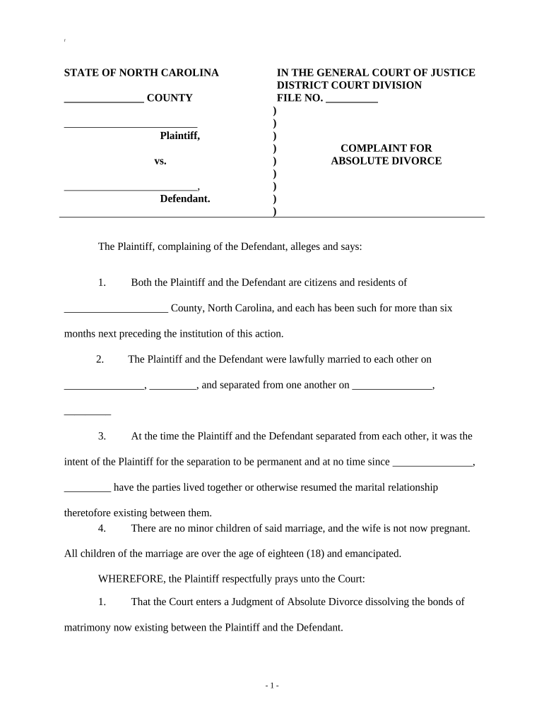 North Carolina Divorce  Form