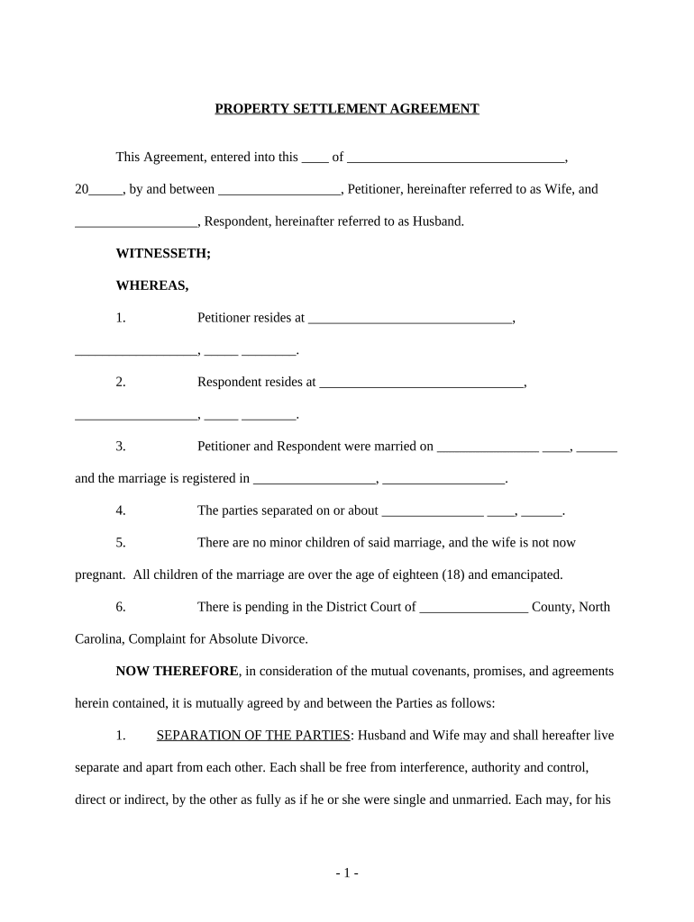 Property Settlement Agreement Nc  Form