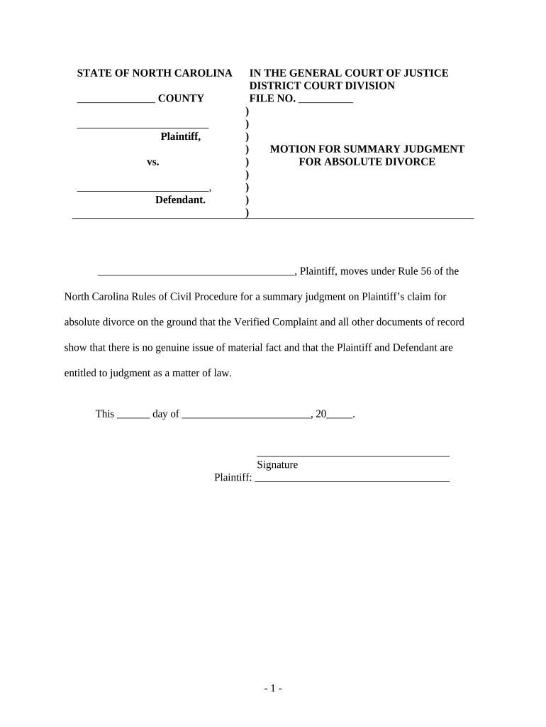 North Carolina Judgment  Form