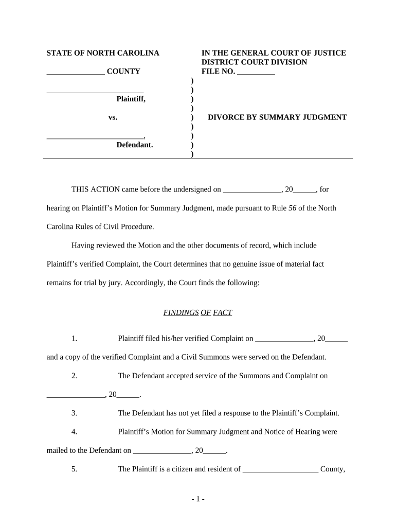 Divorce by Summary Judgment No Children North Carolina  Form