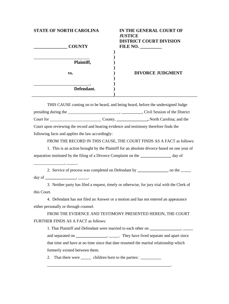 North Carolina Divorce Sample Form Fill Out and Sign Printable PDF