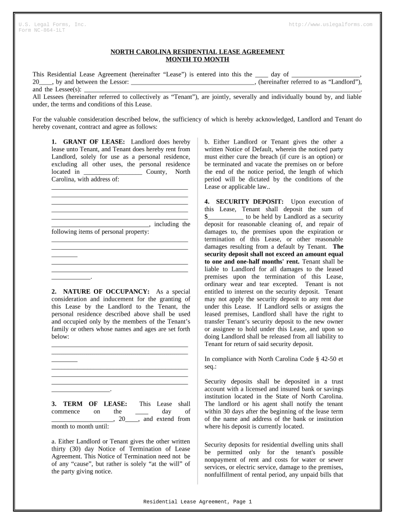 Residential Lease or Rental Agreement for Month to Month North Carolina  Form